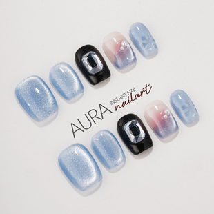 ins纯欲爆闪蓝色猫眼 纯手工穿戴甲2025短款 AuraNail 东洲水晶