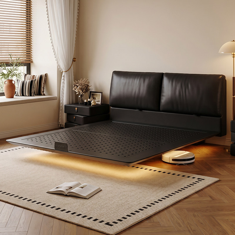 CCMK-铁艺床轻奢高级感大黑牛真皮悬浮床碳素钢架简约主卧大床