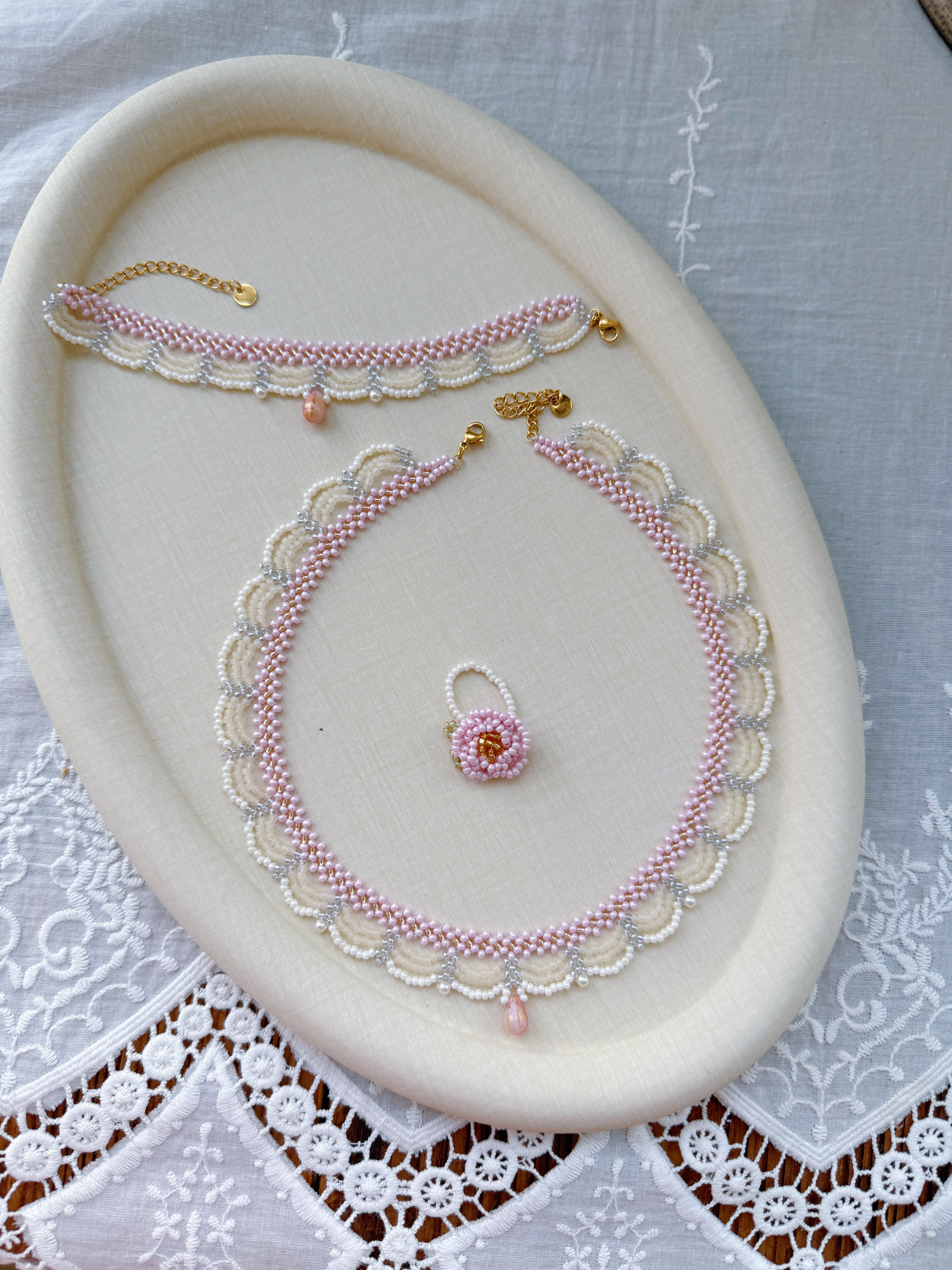 亦朵手作粉色奶油蕾丝串珠项链高级锁骨链定制长度,饰品/流行首饰/时尚饰品新,项链,淘宝优惠券,粉丝福利购,淘宝优惠卷