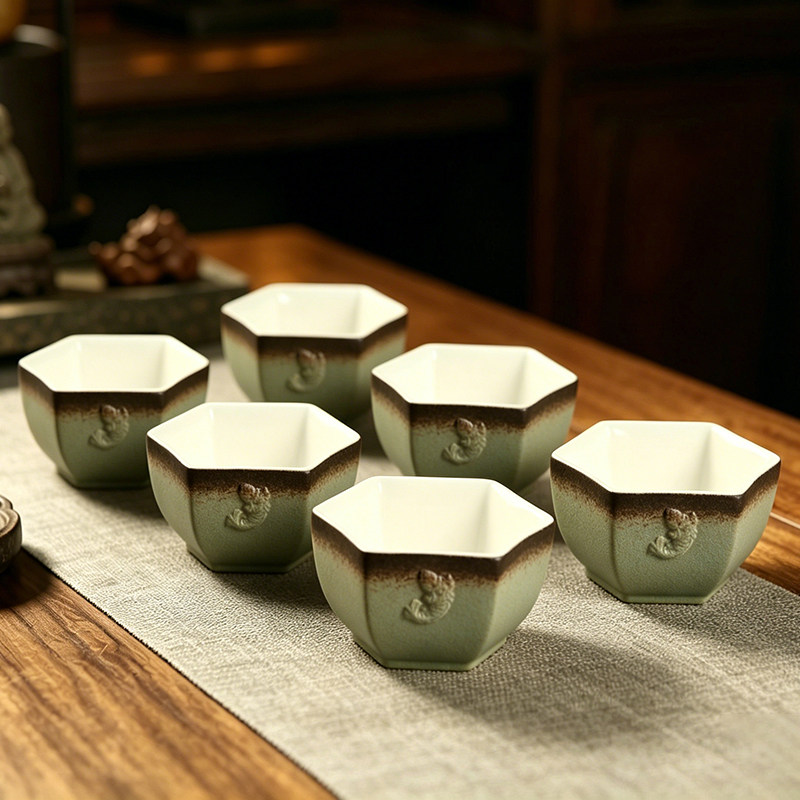 六方茶杯套装陶瓷功夫茶具窑变釉主人杯品茗杯家用6只装茶艺杯