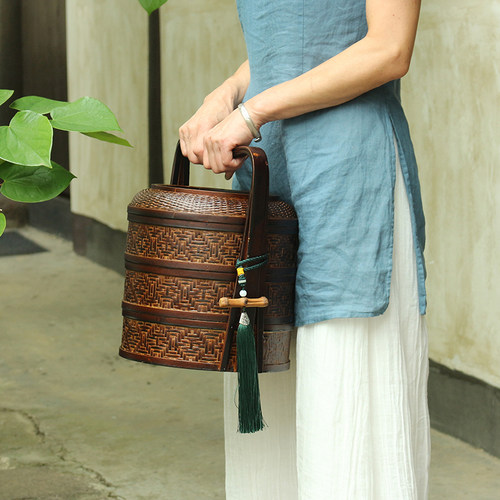 复古中式漆器提盒饭篮竹编