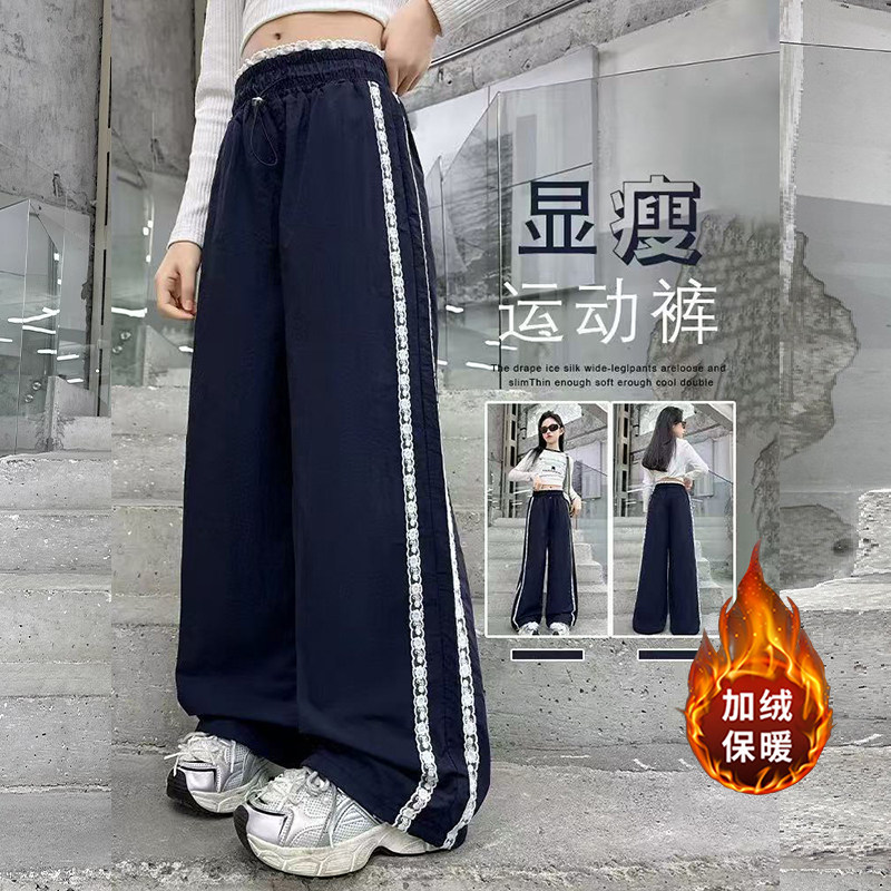 女童运动裤秋冬款加绒裤子宽松显瘦休闲裤蕾丝花边设计感垂感长裤