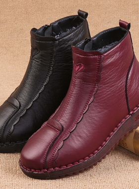 冬款老北京布鞋牛筋底防滑耐磨中老年妈妈棉鞋加绒保暖平底女短靴