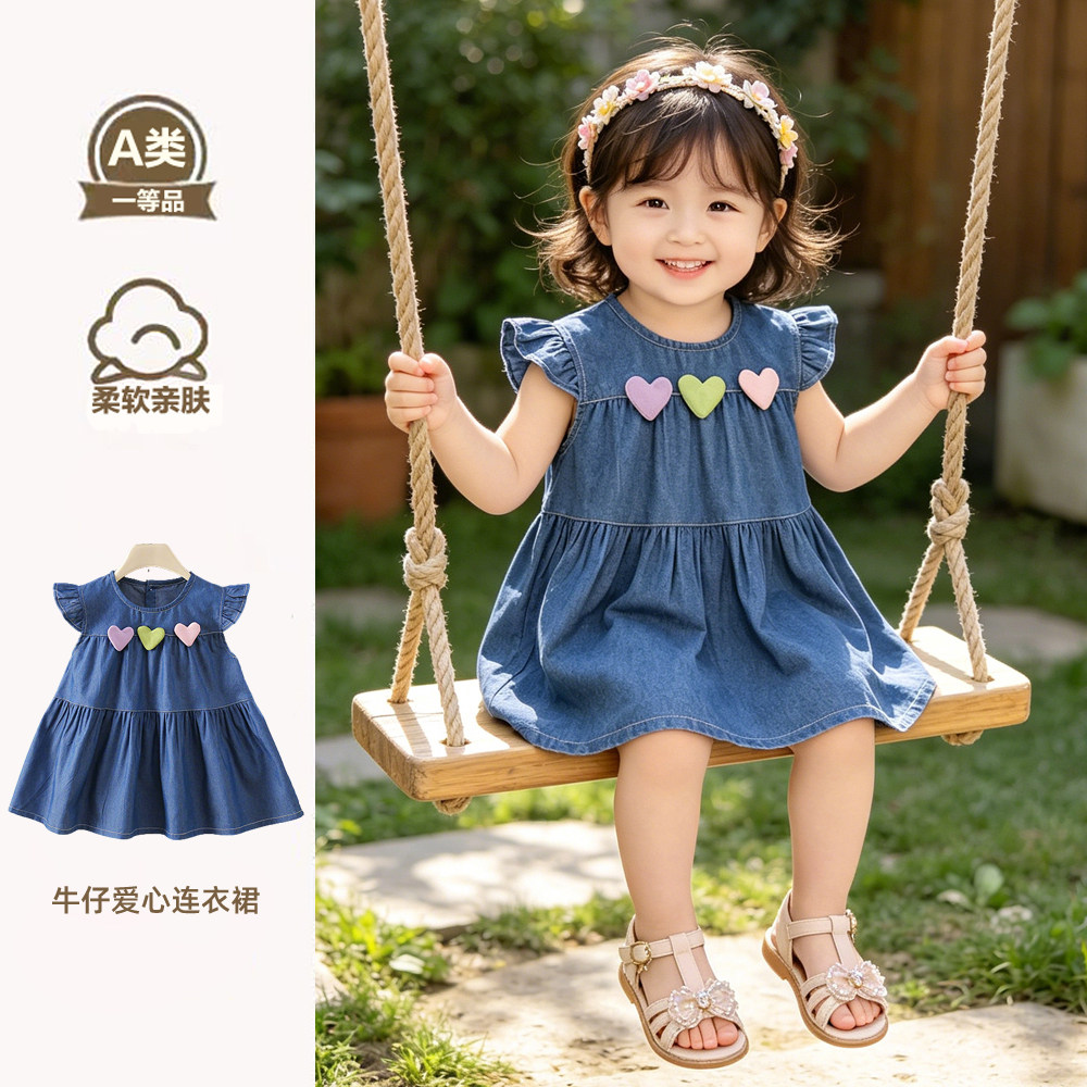 夏款女宝连衣裙韩版软牛仔爱心裙幼儿蝴蝶结外出服新款公主裙可爱