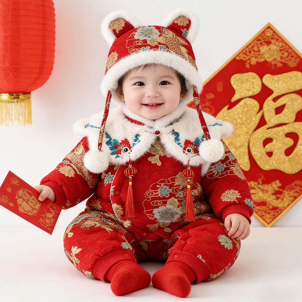 婴幼儿冬季连体衣女宝加绒加厚哈衣中国风爬服喜庆过年服外出服新