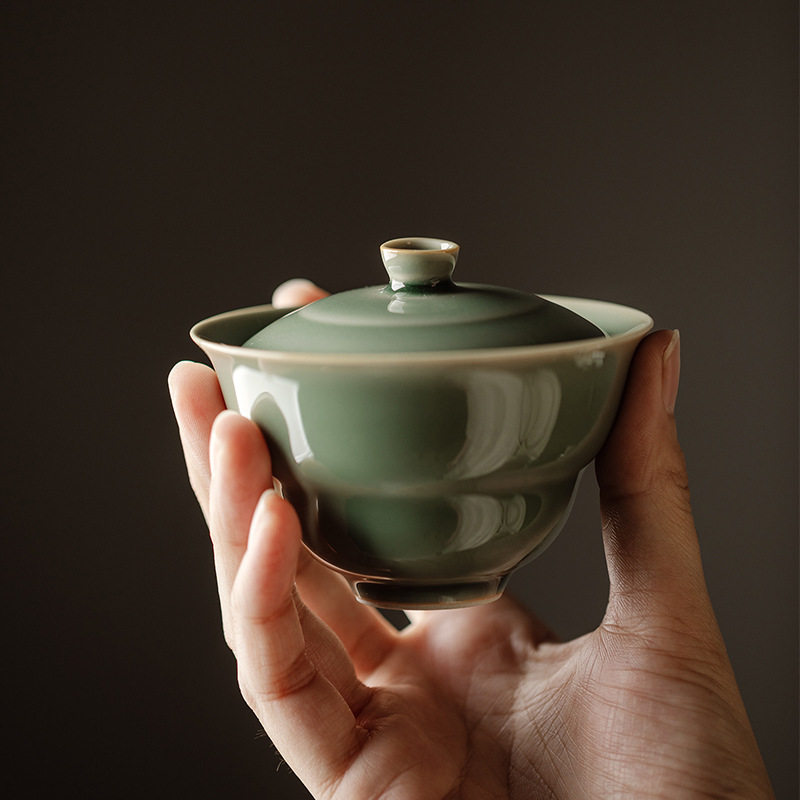 龙泉梅子青釉中国风复古全手工盖碗泡茶碗单个功夫茶具敬茶碗