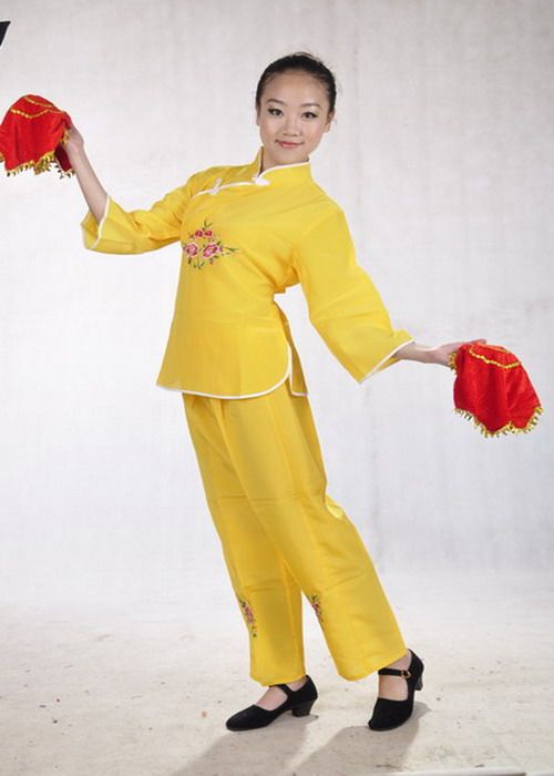 云南民族舞蹈演出服装/半扣白边秧歌装/花灯腰鼓舞台/扇子舞黄色5