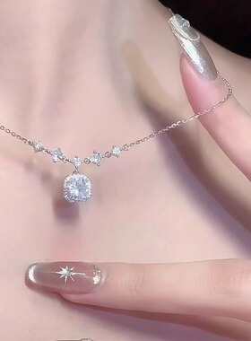 925纯银方糖镶钻项链轻奢精致女