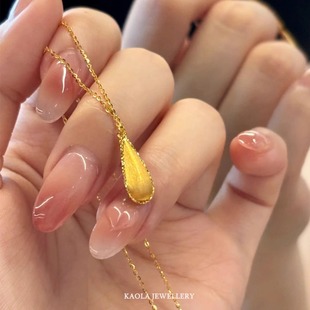黄金色拉丝水滴项链高级感轻奢小众新中式复古纯银颈链秋冬锁骨链