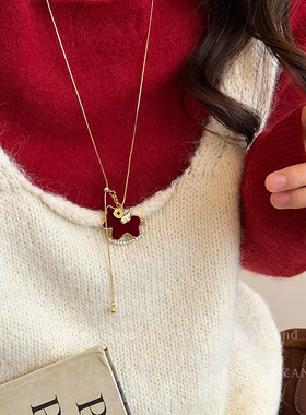 本命年红色丝绒马项链长款毛衣链