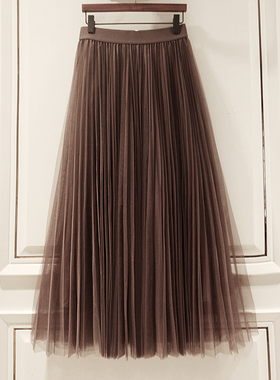 巨好看百褶裙2025网纱裙半身裙子长裙中长款秋冬款半裙女咖色黑色