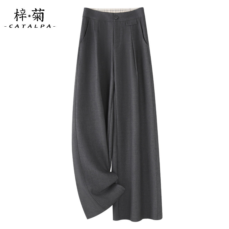 灰色铜氨羊毛阔腿裤女2025秋季新款宽松西装直筒裤子垂感职业西裤