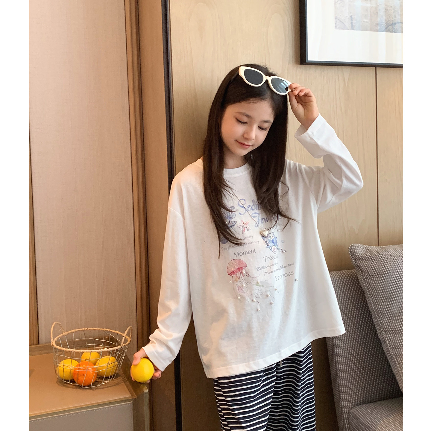 女大童度假防晒长袖2026夏季新款青少年韩版慵懒薄棉T恤初中生潮T
