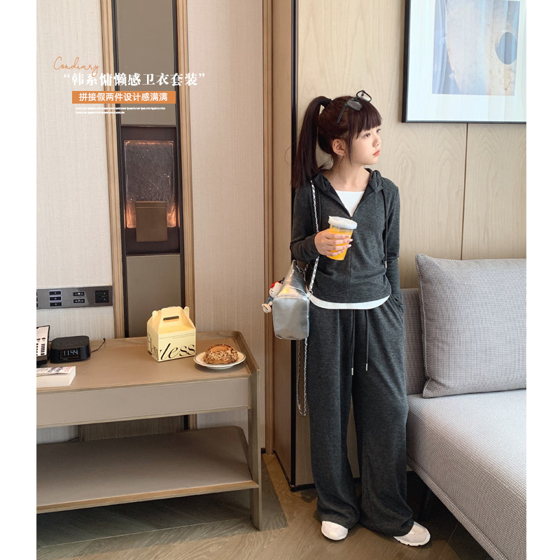 女大童简潮休闲套装2024秋装新款青少年连帽衫直筒裤两件套亲子装