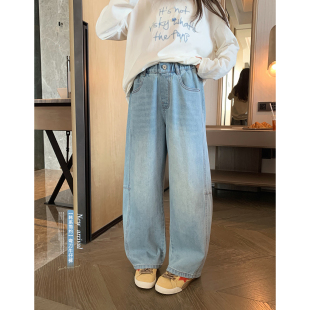 初中生长裤 女大童弯刀牛仔裤 青少年松弛感浅蓝休闲裤 新款 2026春季