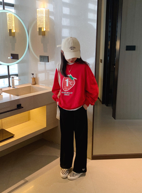女童红色草莓卫衣2024春装新款中大童洋气显白套头衫学生韩版上衣
