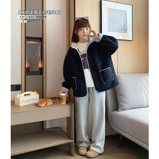 学生拼色棉衣 青少年加绒保暖开衫 女大童连帽毛绒外套2025冬装 新款