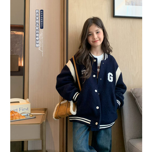 女大童藏青拼色毛绒棒球服2025冬季新款青少年加绒夹克学生厚外套