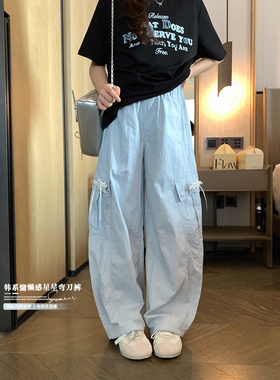女大童韩系浅蓝工装裤2026夏季新款少女大口袋伞兵裤初中生弯刀裤