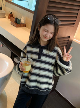 韩版加绒保暖翻领条纹卫衣外套