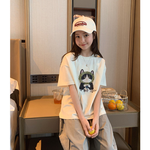 女大童韩版猫咪短袖2026夏季新款青少年宽松薄棉透气T恤初中生潮T