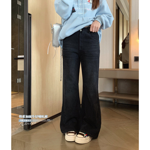 少女高弹显瘦微喇马蹄长裤 新款 2025冬季 女大童黑色加绒牛仔喇叭裤