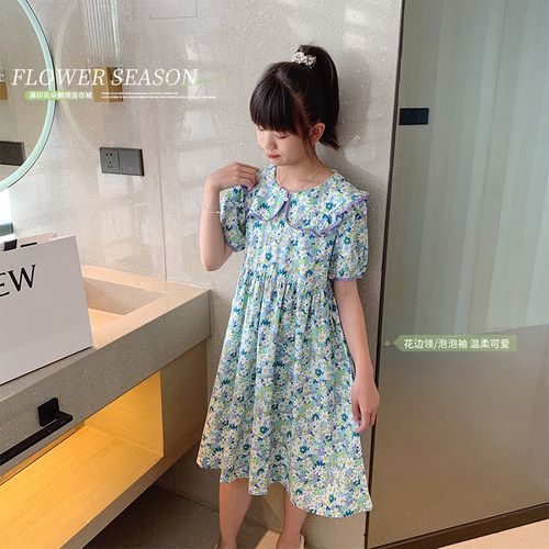 女童甜美满印花朵翻领连衣裙