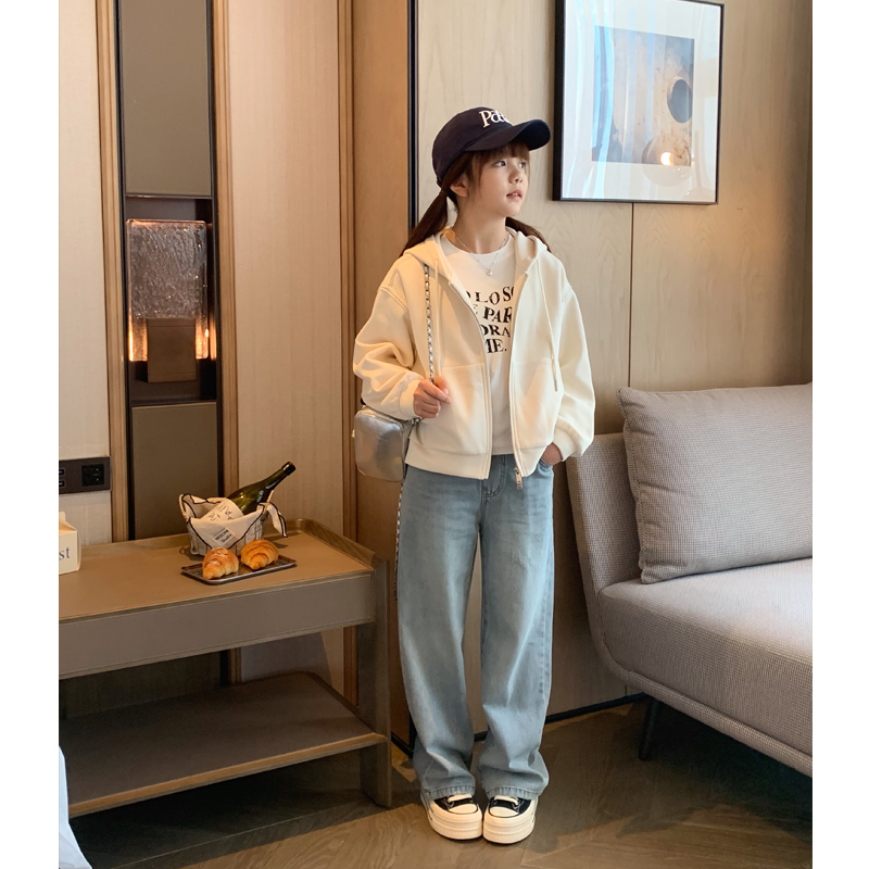 女大童花边连帽卫衣开衫2025春装新款青少年韩版休闲小短款拉链衫