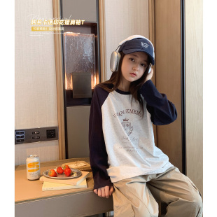 青少年休闲宽松长袖 新款 学生上衣 T恤2026春装 女大童学院风插肩袖