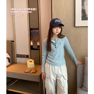 修身 女大童叠穿假两件长袖 青少年短款 新款 半开扣T恤 上衣2025春装