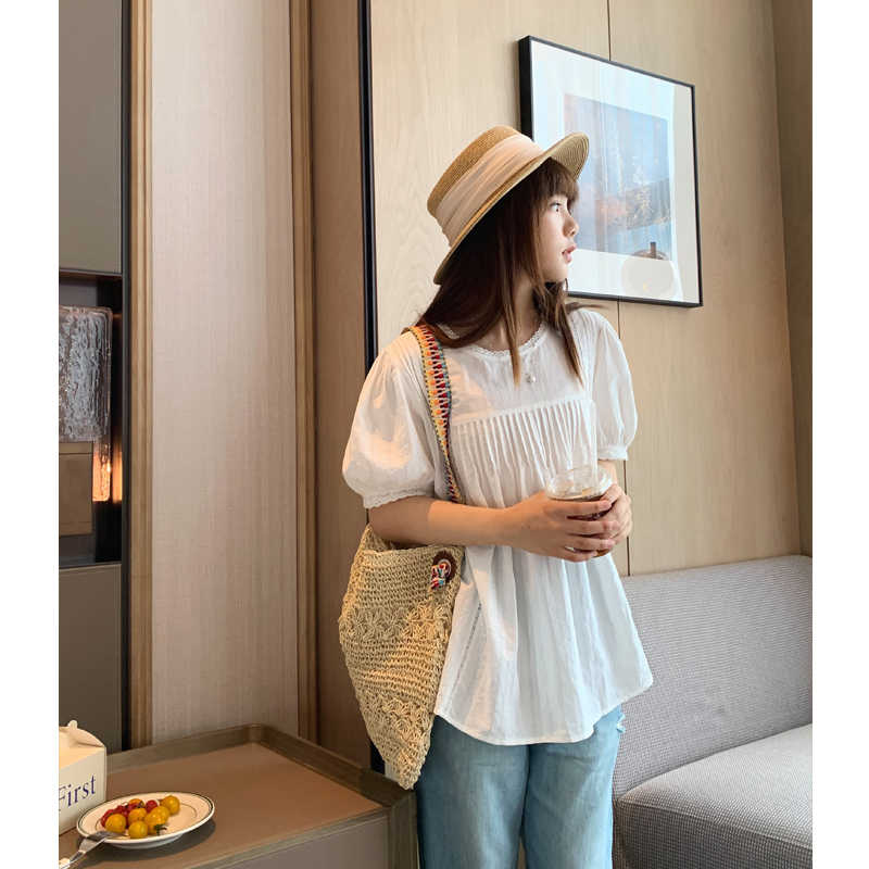 女大童蕾丝娃娃衫2025夏季新款少女白色透气圆领衬衣韩版短袖上衣