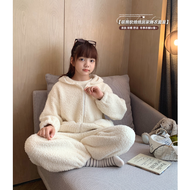 女大童半边绒家居服套装2024冬季新款少女加厚保暖珊瑚绒亲子睡衣