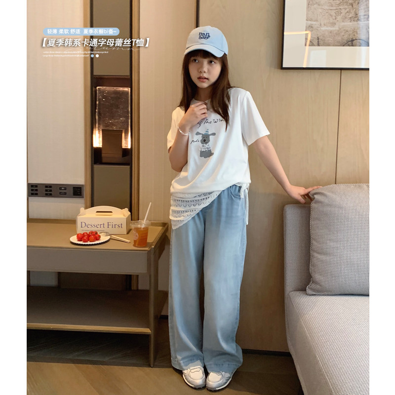 女大童卡通短袖蕾丝屁帘组合2025夏装新款初中生韩版薄款T恤上衣