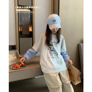 拼袖 女大童假两件小马T恤2026春季 格子衬衫 青少年韩版 上衣棉T 新款