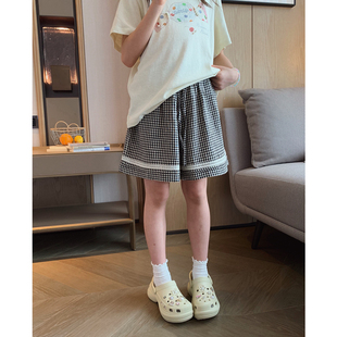 女大童蕾丝格子短裤2026夏季新款青少年透气阔腿中裤初中生四分裤