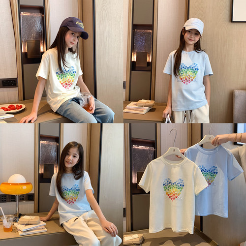 韩版彩色爱心字母刺绣凉感短袖