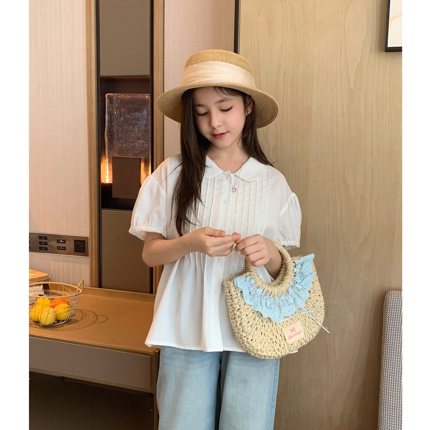 女大童天丝娃娃衫2026夏季新款青少年小圆领透气白衬衫初中生衬衣
