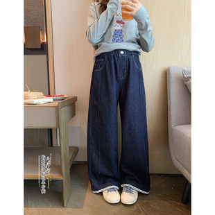 2026春季 学生长裤 新款 花边阔腿裤 青少年韩版 女大童深蓝直筒牛仔裤