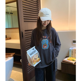 女大童卡通磨毛T恤2026秋季新款青少年韩版宽松长袖棉T学生打底衫