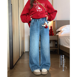 学生长裤 女大童加绒牛仔直筒裤 青少年保暖百搭休闲裤 新款 2025冬装