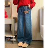 2025冬季 新款 青少年保暖休闲裤 女大童复古蓝加绒牛仔裤 学生直筒裤