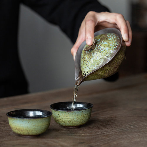 粗陶青苔绿手抓壶 中式复古家用泡茶壶 一壶两杯旅行茶具
