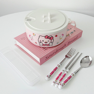 KT猫304不锈钢泡面碗带盖ins卡通大容量可沥水方便面学生饭盒