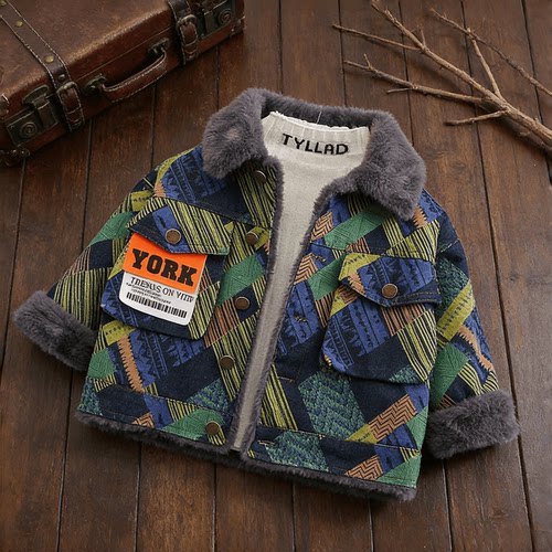 2025新款男童加绒牛仔外套儿童冬季加厚痞帅潮牌印花毛领加绒外套