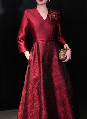 菲梦伊提花红色连衣裙女秋装新款时尚高端优雅收腰婚礼宴会敬酒服