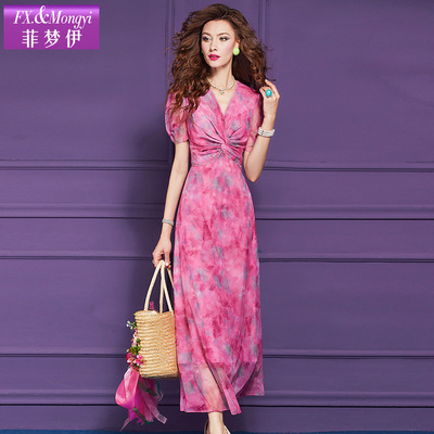 年轻款高腰钉珠褶皱显瘦V领长裙