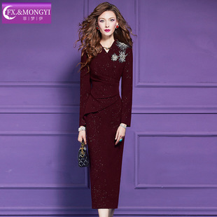 菲梦伊原创钉珠深红色西装连衣裙女春季通勤时尚修身气质职业裙子