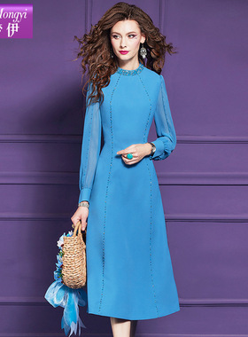 菲梦伊钉珠蓝色连衣裙女秋装端庄优雅通勤修身简约气质A字中长裙