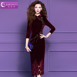 菲梦伊女人味钉珠红色金丝绒连衣裙女冬季新中式修身改良旗袍裙子