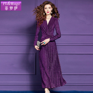 菲梦伊连衣裙女长袖春装新款法式千金风细闪高腰显瘦收腰时尚长裙